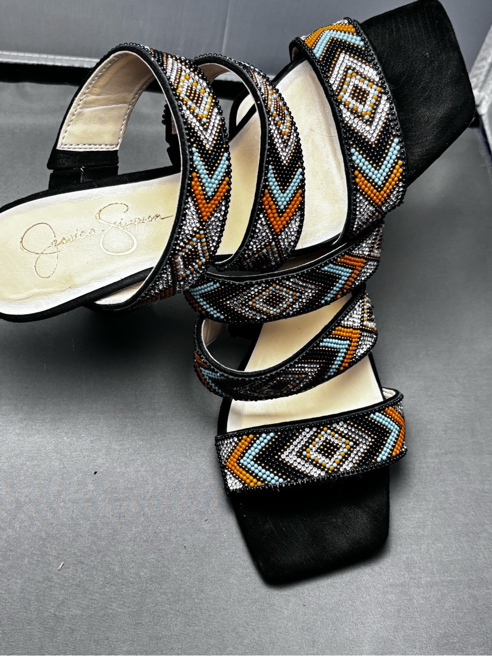 Jessica Simpson Black Strappy Heels with Multicolor Beaded Geometric Pattern